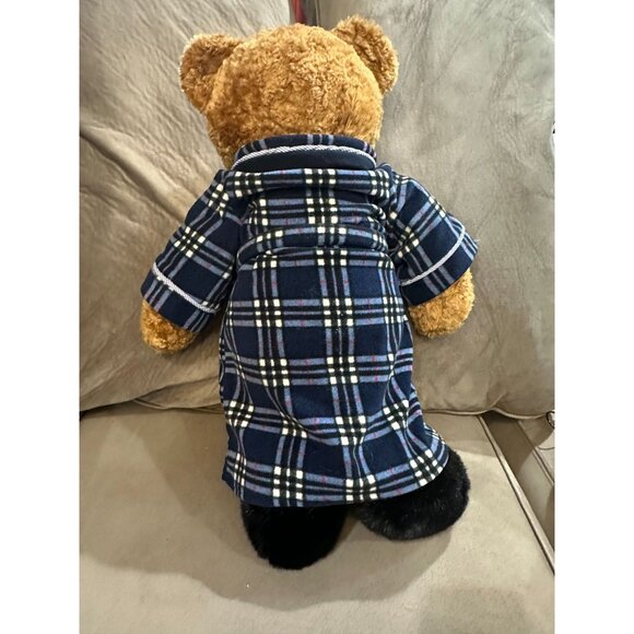 Plaid Pajama Teddy Bear Plush With Black Faux Fur Paws & Red Bow Tie 14 Inches - Picture 5 of 11